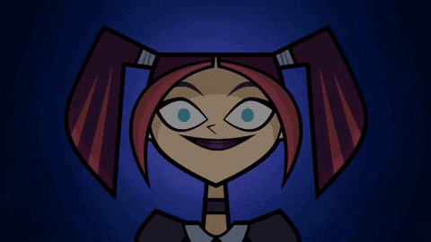 a cartoon character with purple hair and blue eyes smiles