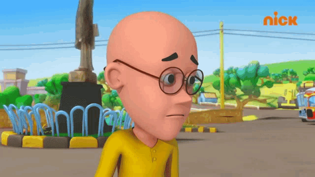 a bald cartoon character with glasses and a nick logo in the background