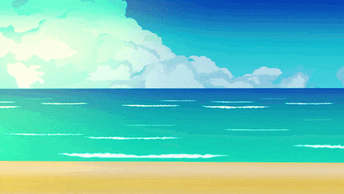 a pixel art of a beach with a blue sky and clouds in the background