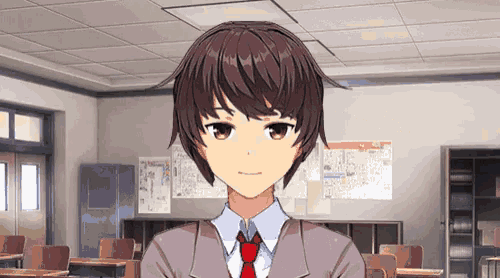 a boy in a suit and tie stands in front of a classroom