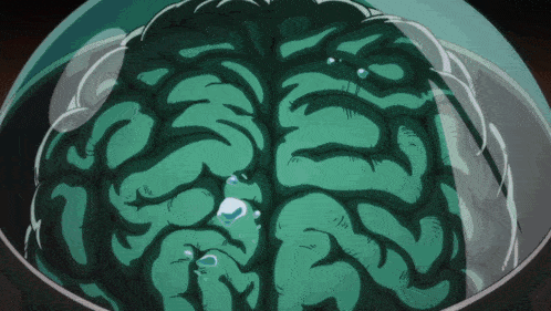 a cartoon drawing of a green brain in a container