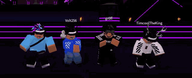 a group of roblox characters are standing next to each other on a stage in a dark room .