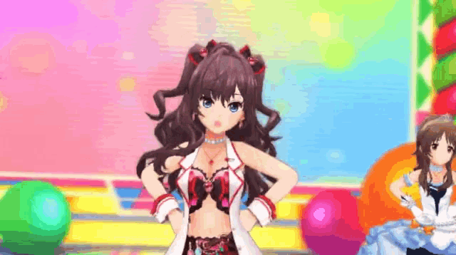 a girl in a bikini is standing on a stage with her hands on her hips in a video game .