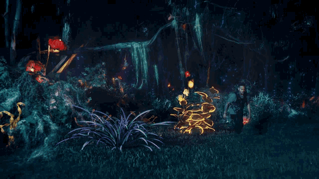a man is walking through a dark forest