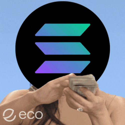 a woman is holding a stack of money in front of a logo for solana