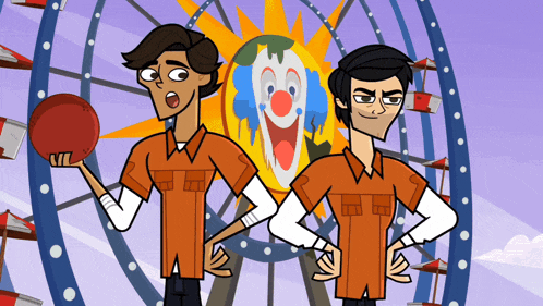two cartoon characters are standing in front of a ferris wheel