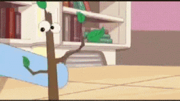 a cartoon of a tree branch with googly eyes and leaves
