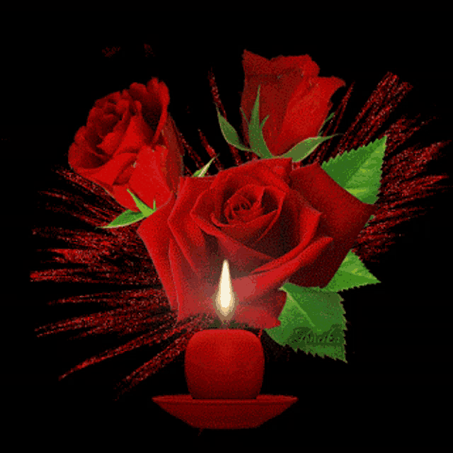 a candle is lit in front of a bouquet of red roses and leaves