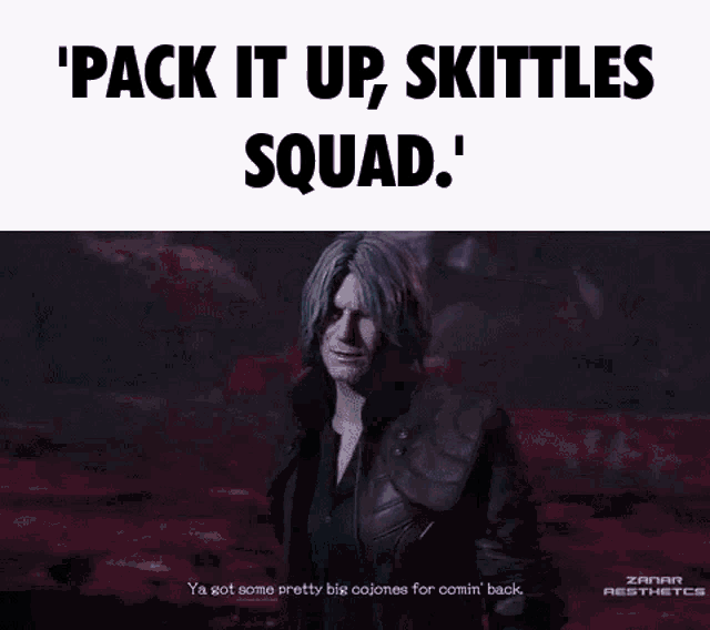 a picture of a man holding a sword with the words pack it up skittles squad