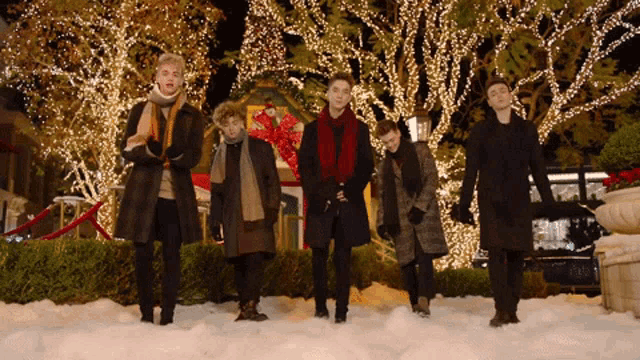 a group of people are standing in the snow in front of a christmas tree