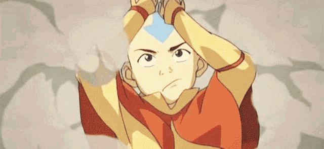 aang from avatar the last airbender is holding his hands to his head and looking up .