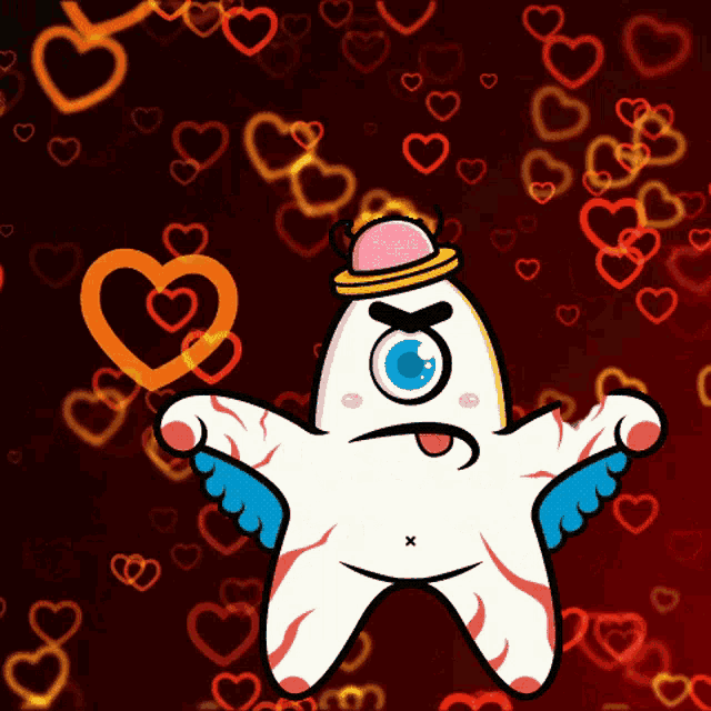 a cartoon character with wings and a hat with hearts in the background