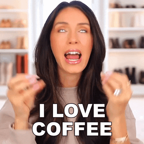 a woman is making a face and saying i love coffee