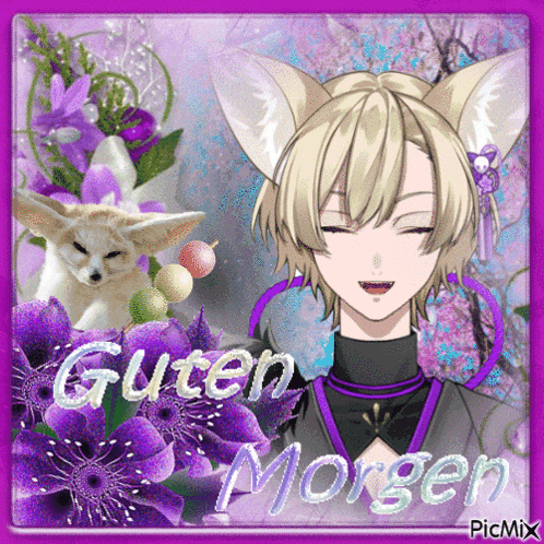 a picture of a boy with fox ears and the words guten morgen on it