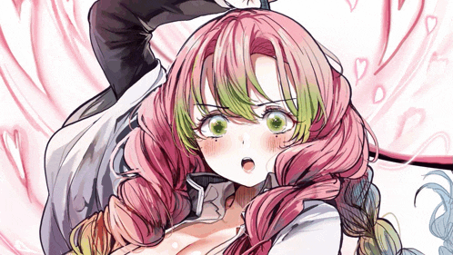 a drawing of a girl with pink hair and green eyes is surrounded by hearts