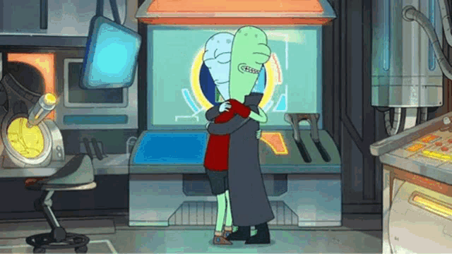a couple of cartoon characters hugging each other in a room