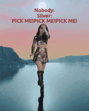 a picture of a woman with the words " nobody silver pick me pick me pick me " above her