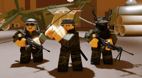 three toy soldiers are standing next to each other in a room with pipes and a sign that says tnt