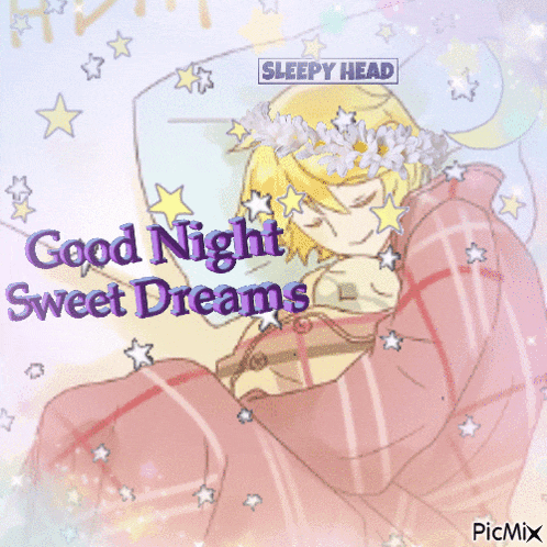 a picture of a boy sleeping with the words good night sweet dreams written above him