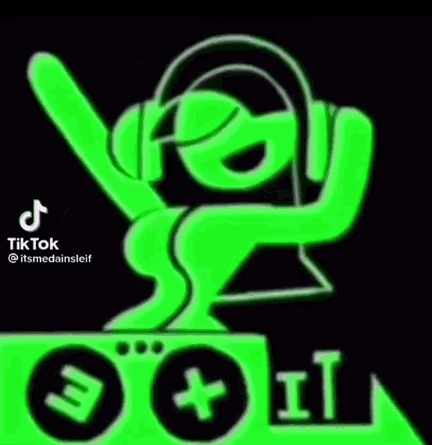a green cartoon character is wearing headphones and sitting on a green box with the words exit on it .