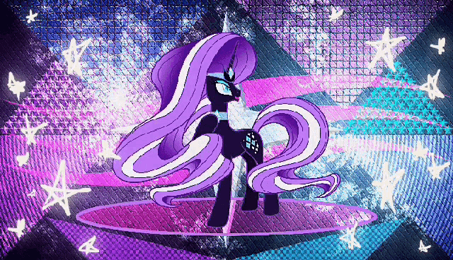 a pony with purple hair is standing in a circle
