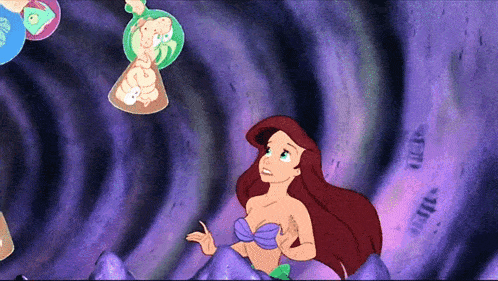 ariel from the little mermaid is standing in a purple tunnel