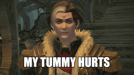 a video game character says " my tummy hurts " in front of him