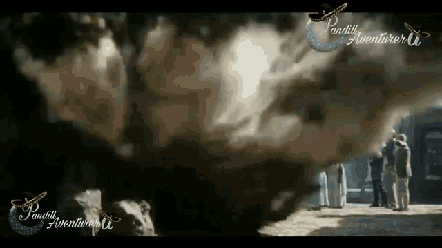 a group of people standing in front of a cloud of smoke with the words pandill aventura on the bottom left
