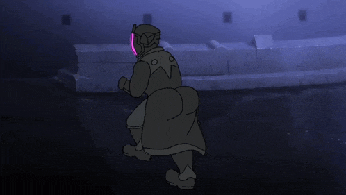 a cartoon of a person standing in a dark room with a purple light on their head .