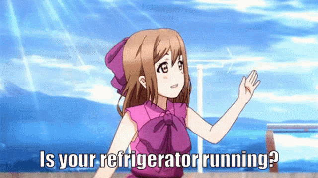 a girl in a purple dress is asking if her refrigerator is running