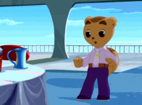 a cartoon of a teddy bear wearing purple pants