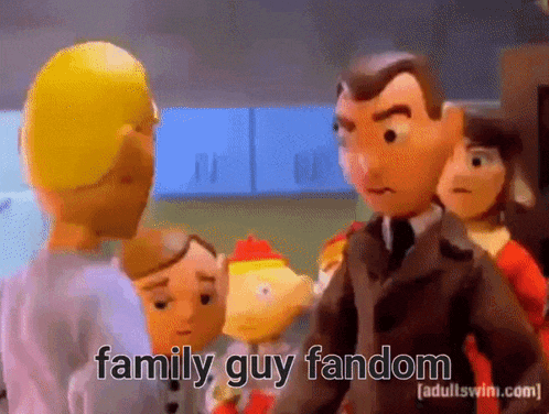 a group of cartoon characters are standing next to each other and the words family guy fandom are visible