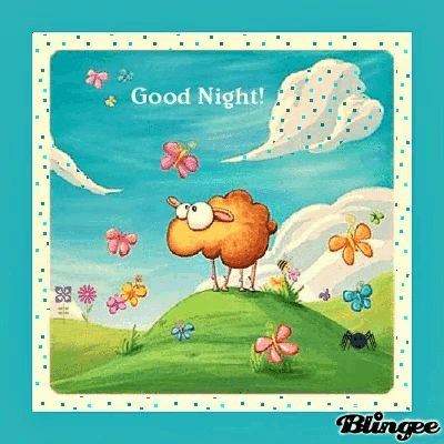 a picture of a sheep on a hill with the words " good night " written above it