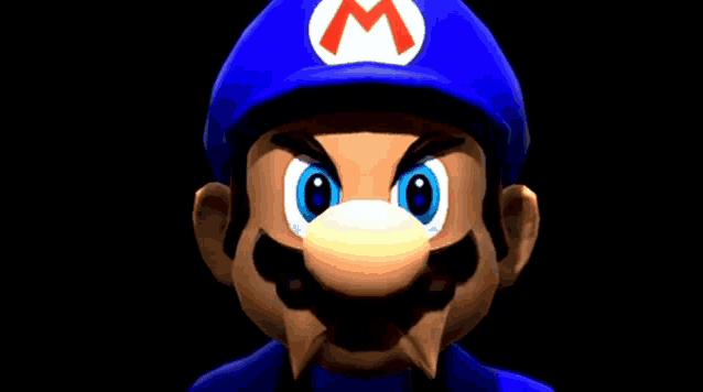 a close up of a mario character wearing a blue hat with a m on it