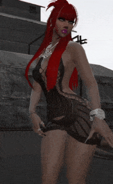 a woman with red hair is wearing a very short black dress