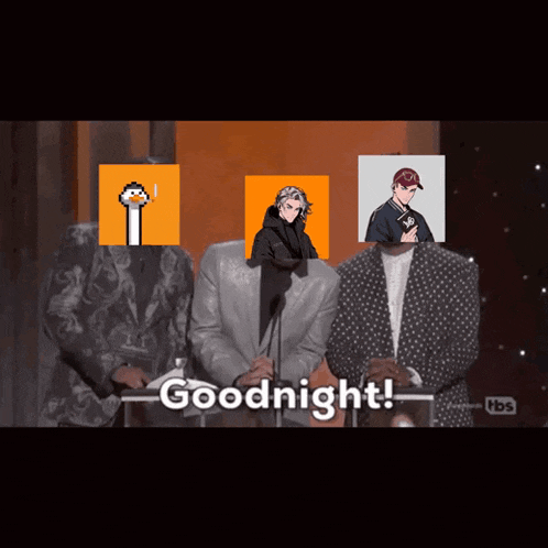 a group of people standing in front of a microphone with the words " goodnight " written on the bottom