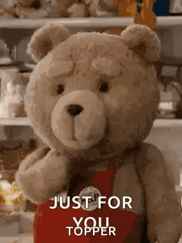 a teddy bear wearing a red apron is standing in front of a refrigerator and says `` just for you topper '' .