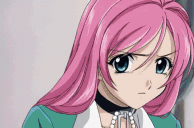 a girl with pink hair and blue eyes is wearing a choker and pearls around her neck .