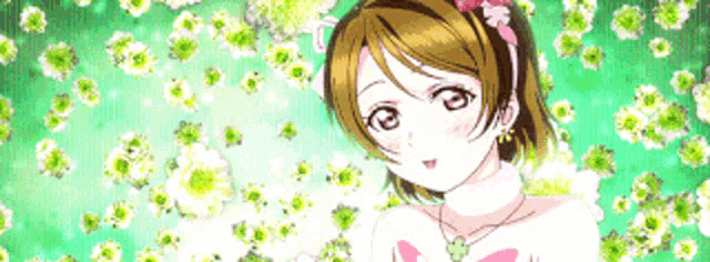 a girl with a flower in her hair is surrounded by flowers on a green background