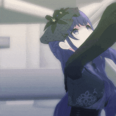 a girl with purple hair wearing a hat with a flower on it