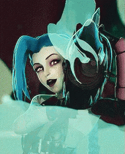 a close up of a cartoon character with blue hair and red eyes