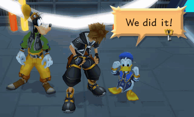 goofy and donald duck are standing next to each other with a speech bubble saying we did it