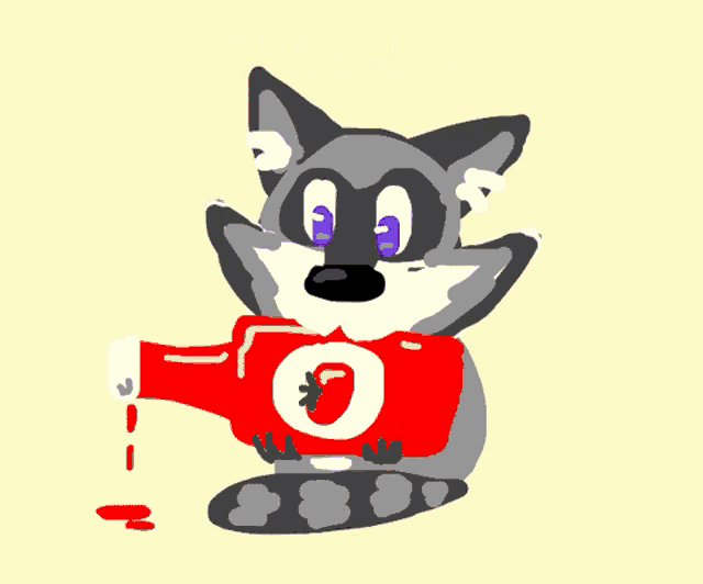a raccoon is holding a bottle of ketchup with a tomato on it