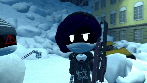 a cartoon character standing in the snow with a red warning sign on his head