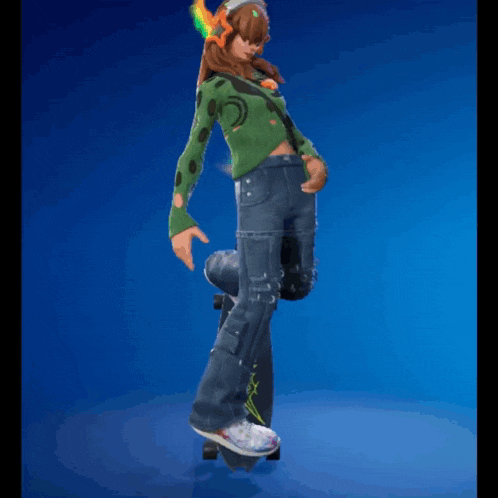 a cartoon character is riding a skateboard with flames coming out of her shirt