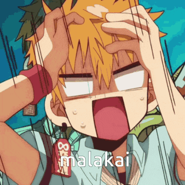 a cartoon character is holding his head and the word malakai is visible
