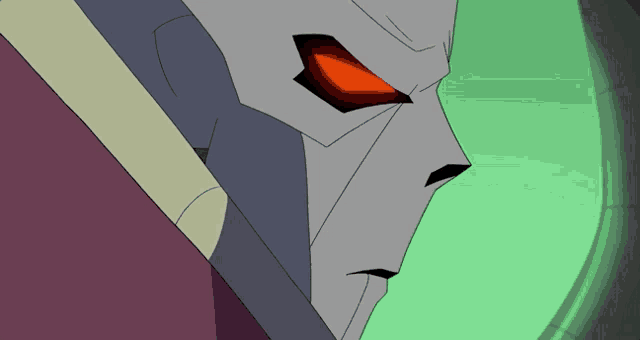 a close up of a robot with red eyes and a green background