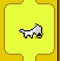 a pixel art of a white dog eating a piece of food .