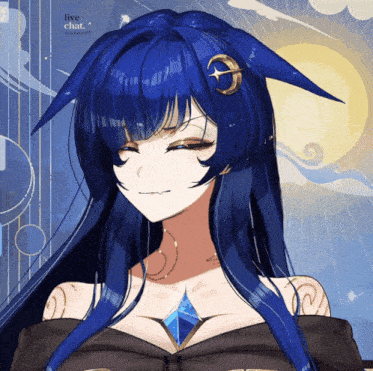 a drawing of a girl with blue hair and the words live chat on the bottom right