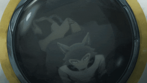 a drawing of a wolf with its eyes closed in a mirror